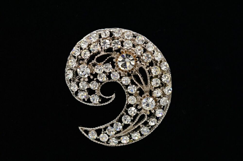 Vintage Crystal Pin Brooch Silver Sparkling Rhinestone Shiny 1980s BinV